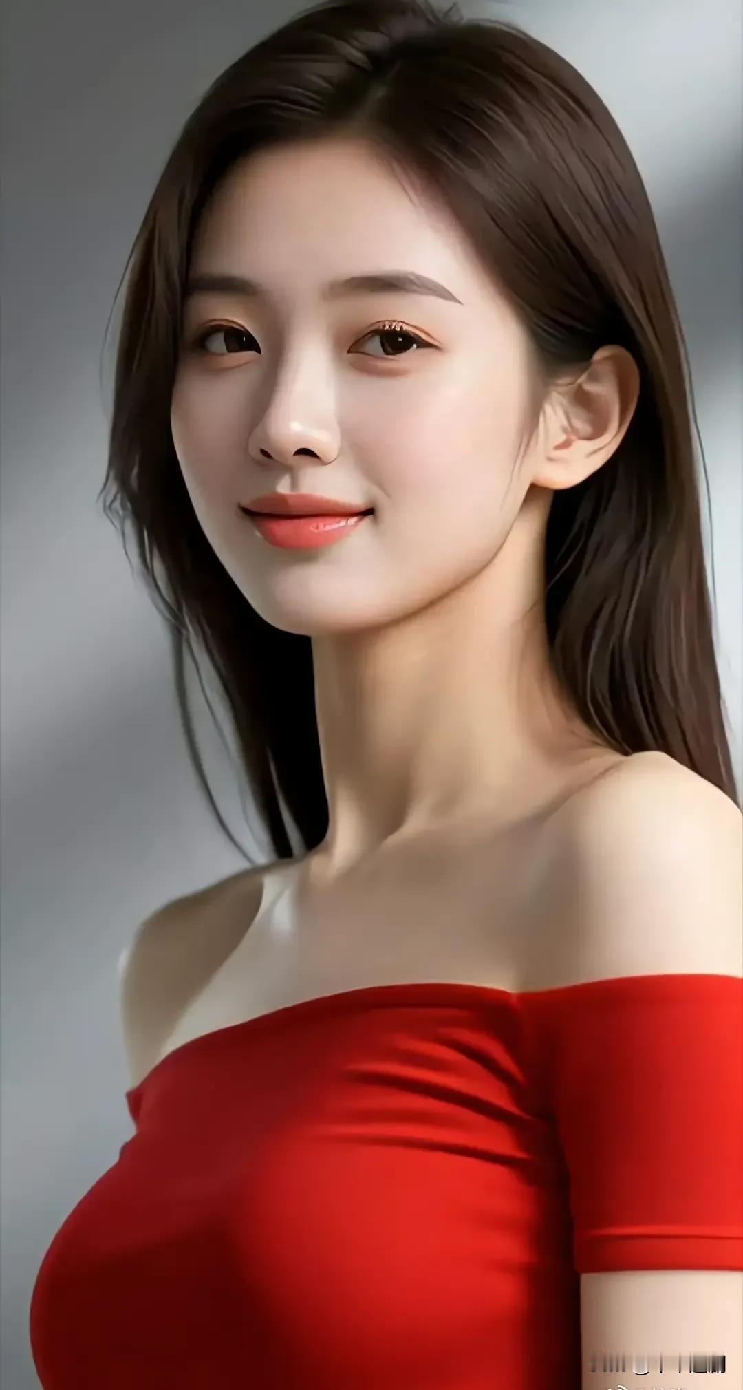 什么样的穿搭可以成为气质女神?正红缎面露肩裙衬着冷灰背景，顺直长发揉出明艳又优