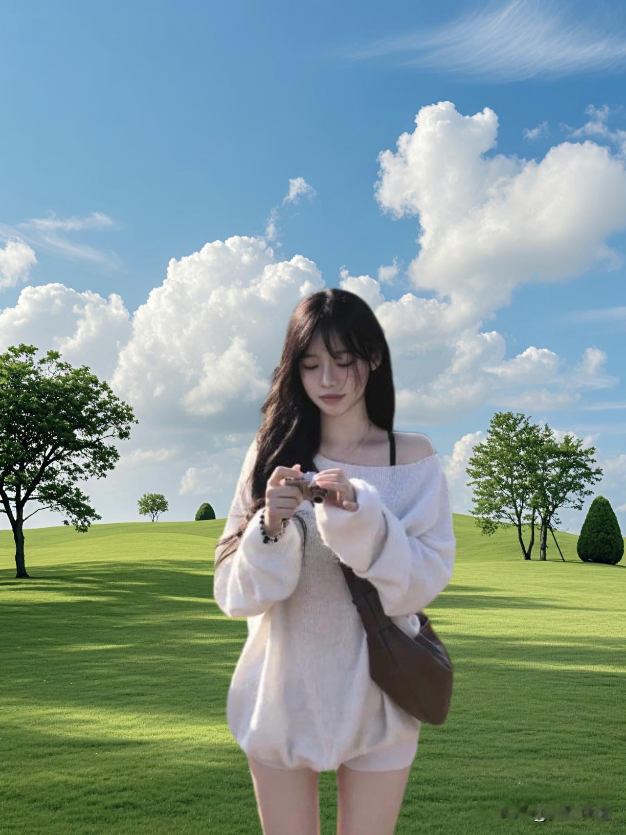 在蓝天白云下，少女与自然融为一体，享受宁静的美好时光。