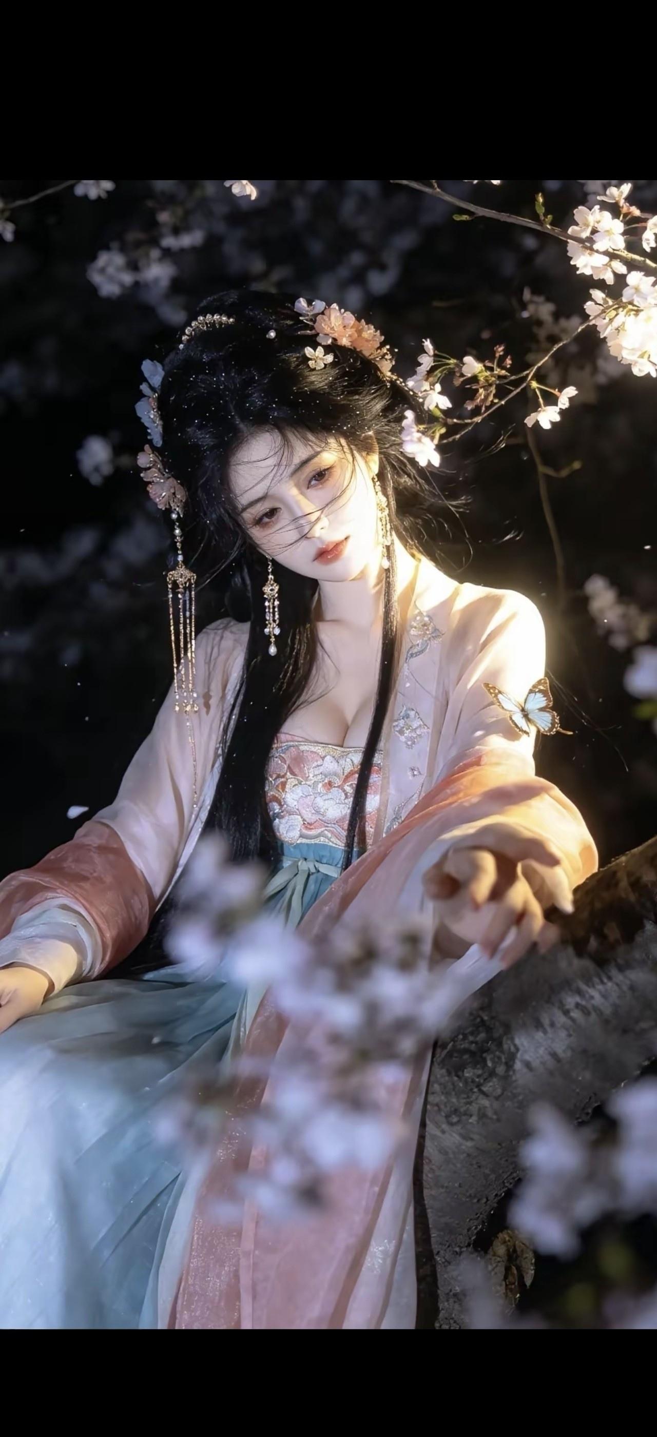 穿着汉服的女孩在樱花树下。