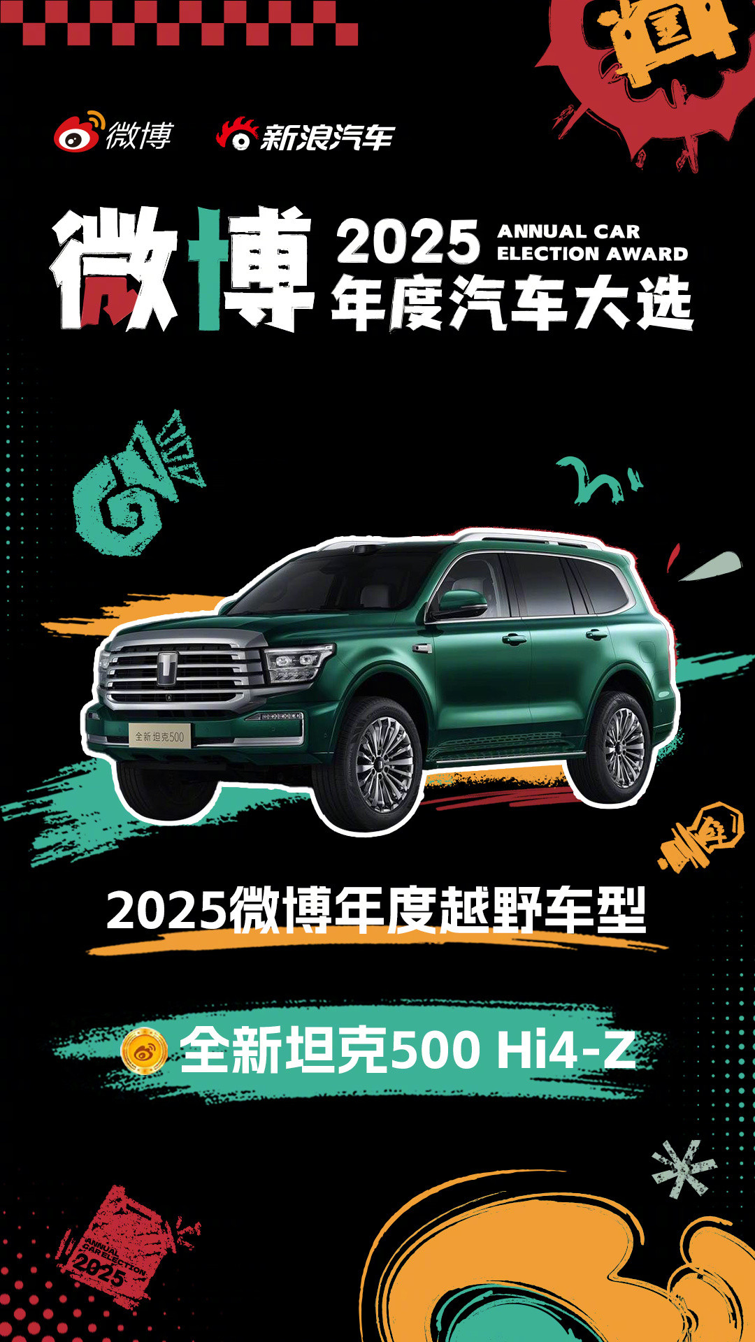 全新坦克500Hi4-Z获得“2025微博年度越野车型”感谢认可。新车上市以
