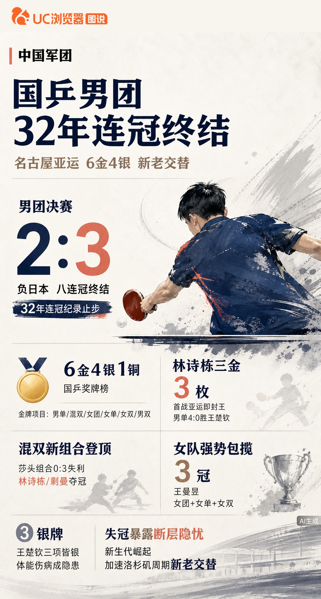 名古屋亚运国乒6金4银收官，男团32年八连冠终结。林诗栋夺三金加速新老交替，王楚钦三项皆银暴露体能隐