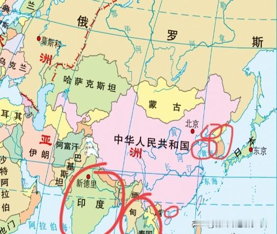 周边的半岛：辽东半岛，山东半岛，雷州半岛，朝鲜半岛，中南半岛，印度半岛，…