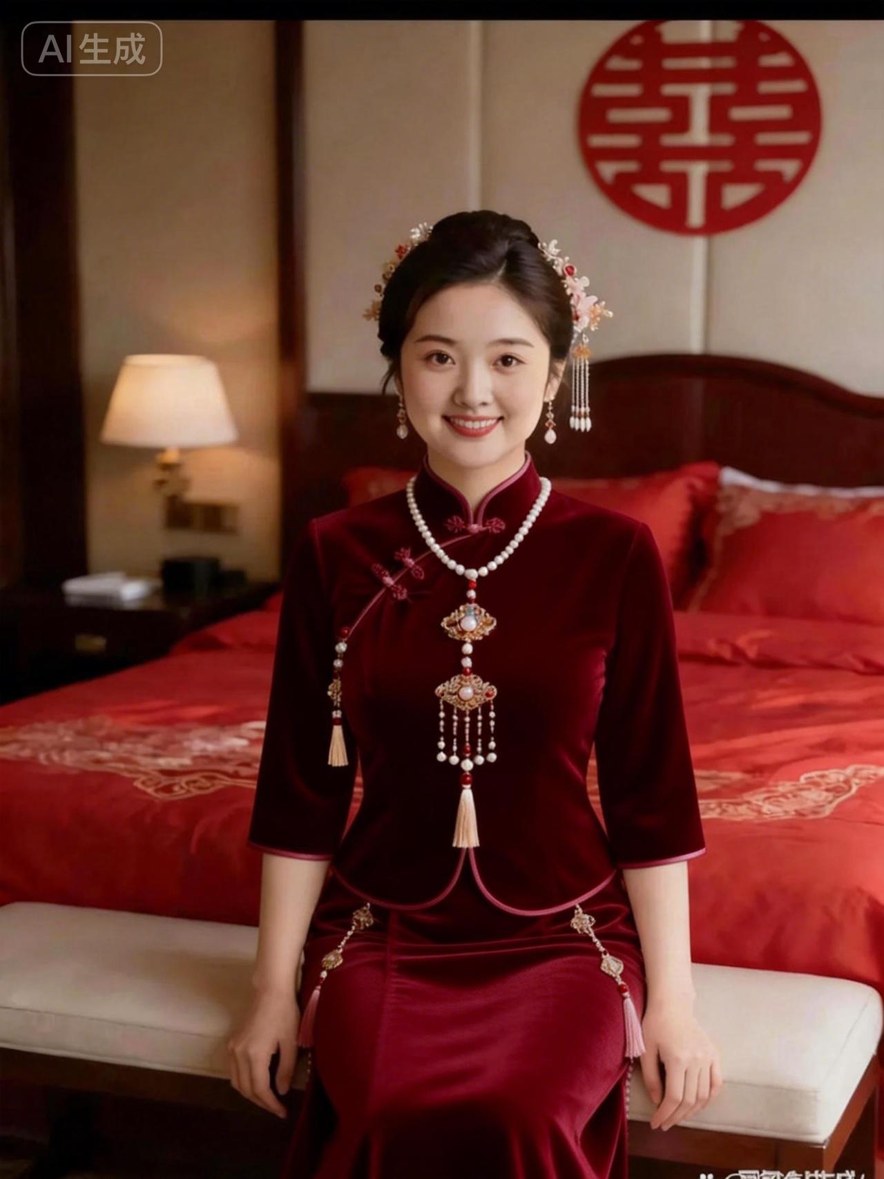 中式新娘装，典雅而端庄，红衣配珠链，尽显东方韵味。