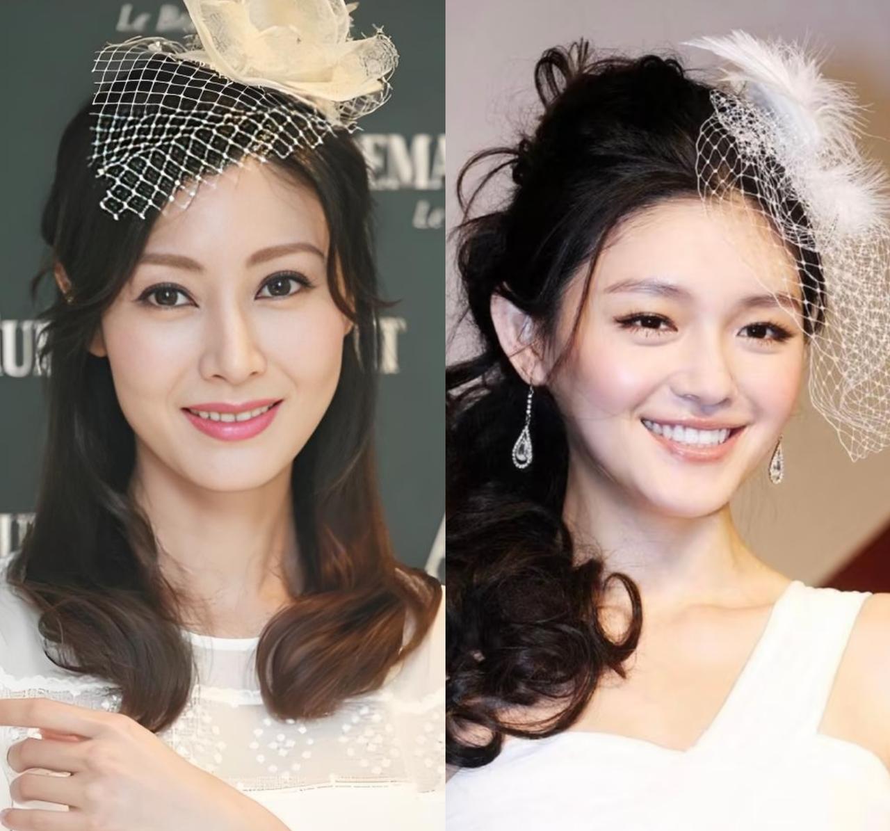 看到李嘉欣和大S都戴上了同款白色网纱头饰，还真是难得一见的同风格对比。李嘉欣这一