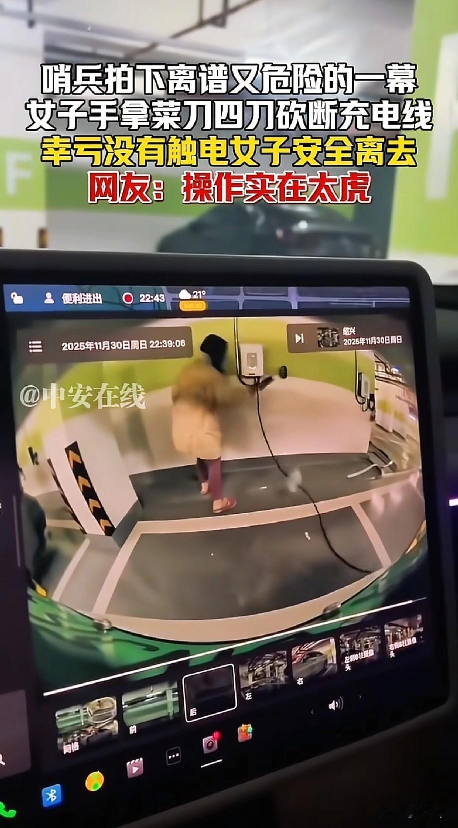 此女子堪比猛张飞用菜刀4下砍断汽车充电线关键是竟然没有触电车辆监控记录下这