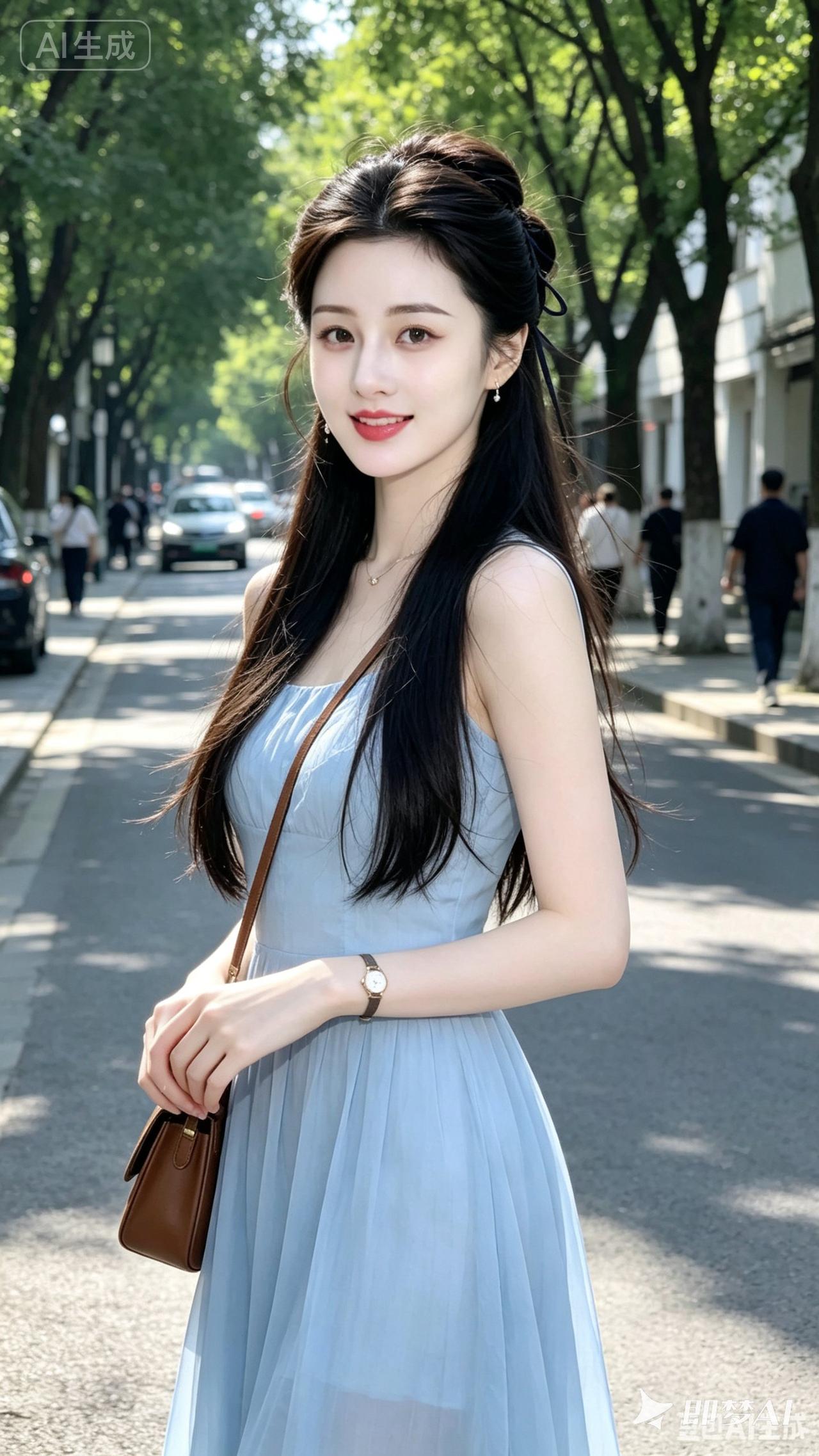 清新夏日穿搭，浅蓝色连衣裙，阳光下的甜美少女