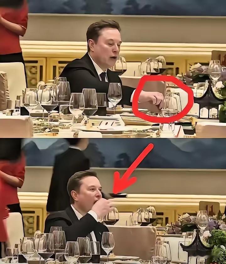 马斯克在晚宴上直接上手了看样子应该是一道凉菜还是菜太有诱惑力，连世界首富都没