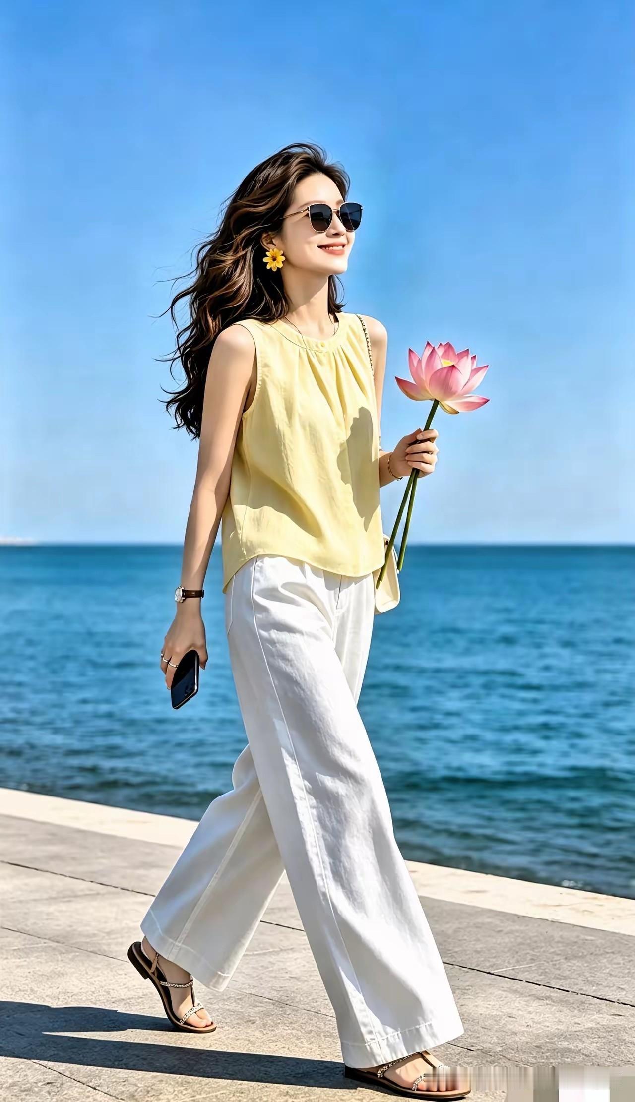 阳光明媚，海边漫步，手捧莲花，心情美妙。海边漫步照