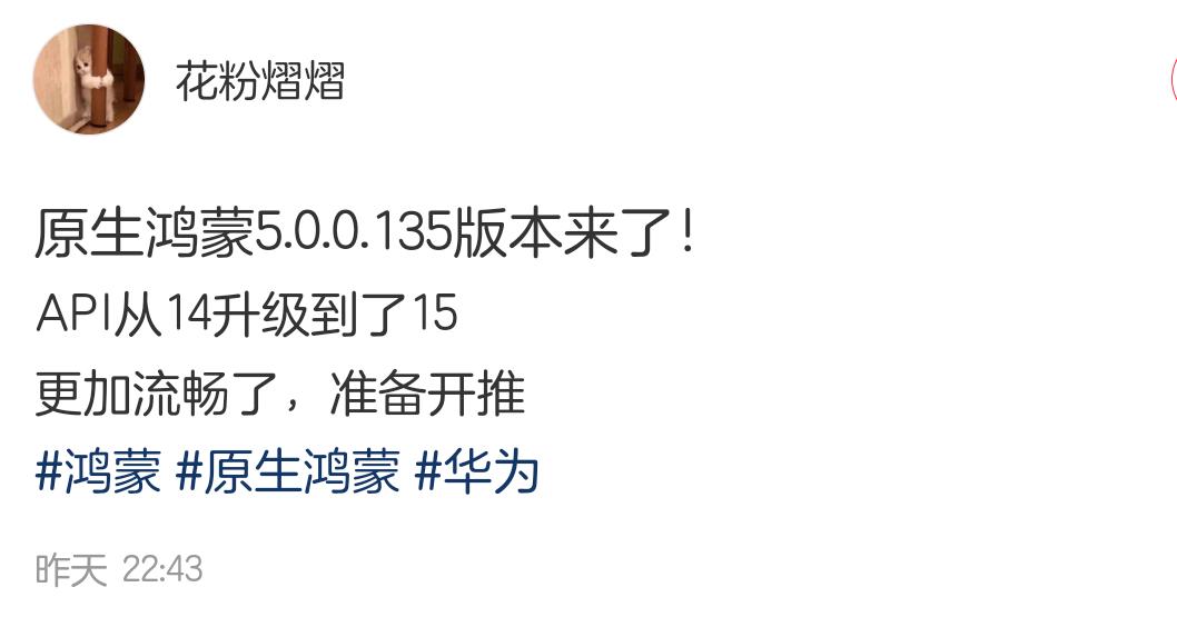 鸿蒙NEXT据博主爆料5.0.0.135版本来了，API也从14升级到了15