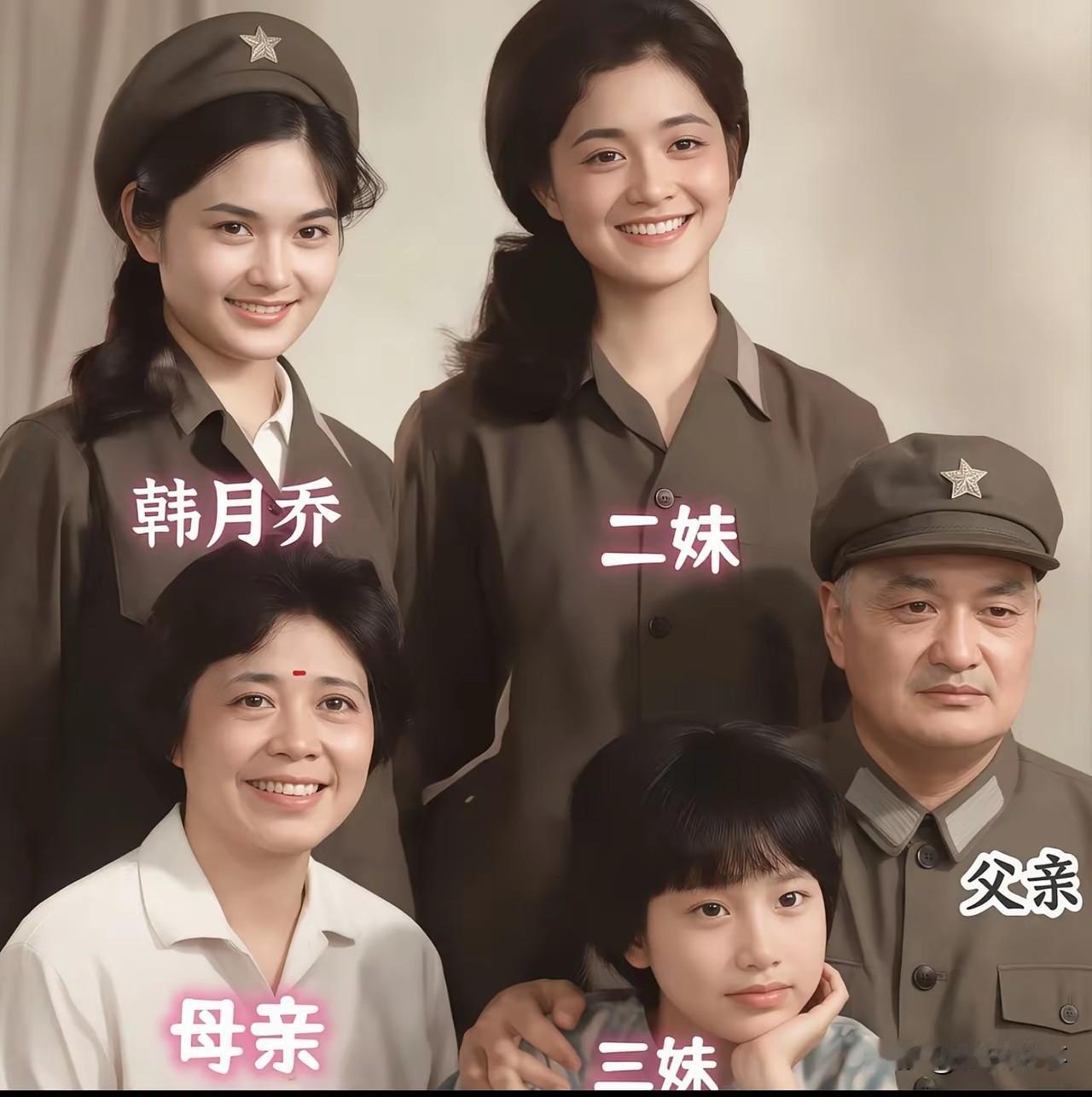 70年代，韩月乔全家福，南京歌舞团舞蹈演员，一家全员高颜值。镜头下，韩月乔与两个