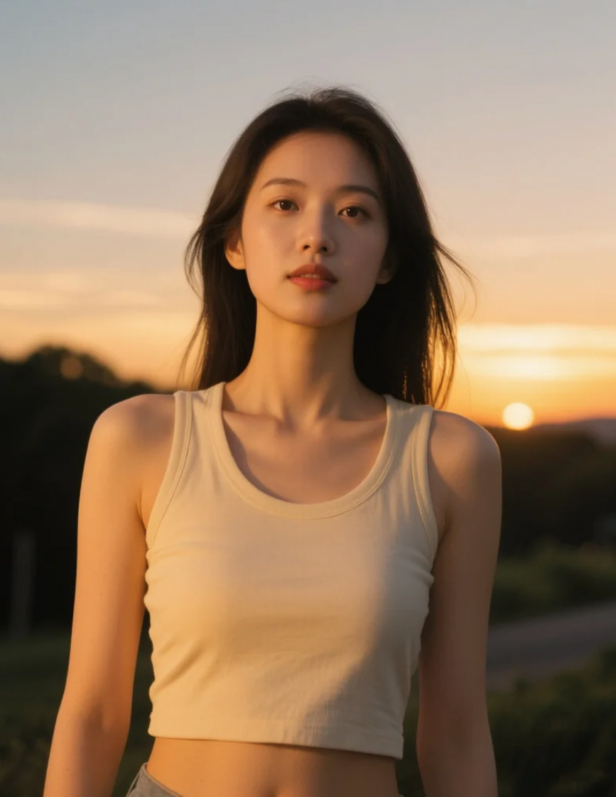 黄昏下的亚洲美女，温柔浪漫的迷人风采