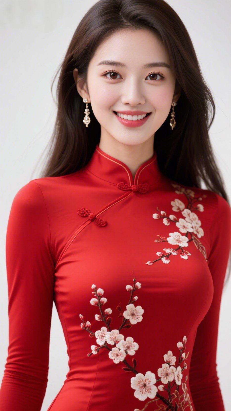 红袍梅韵绽芳华正红旗袍似撷取了冬日暖阳的热烈，柔滑的衣料上绣着雅致的梅花纹