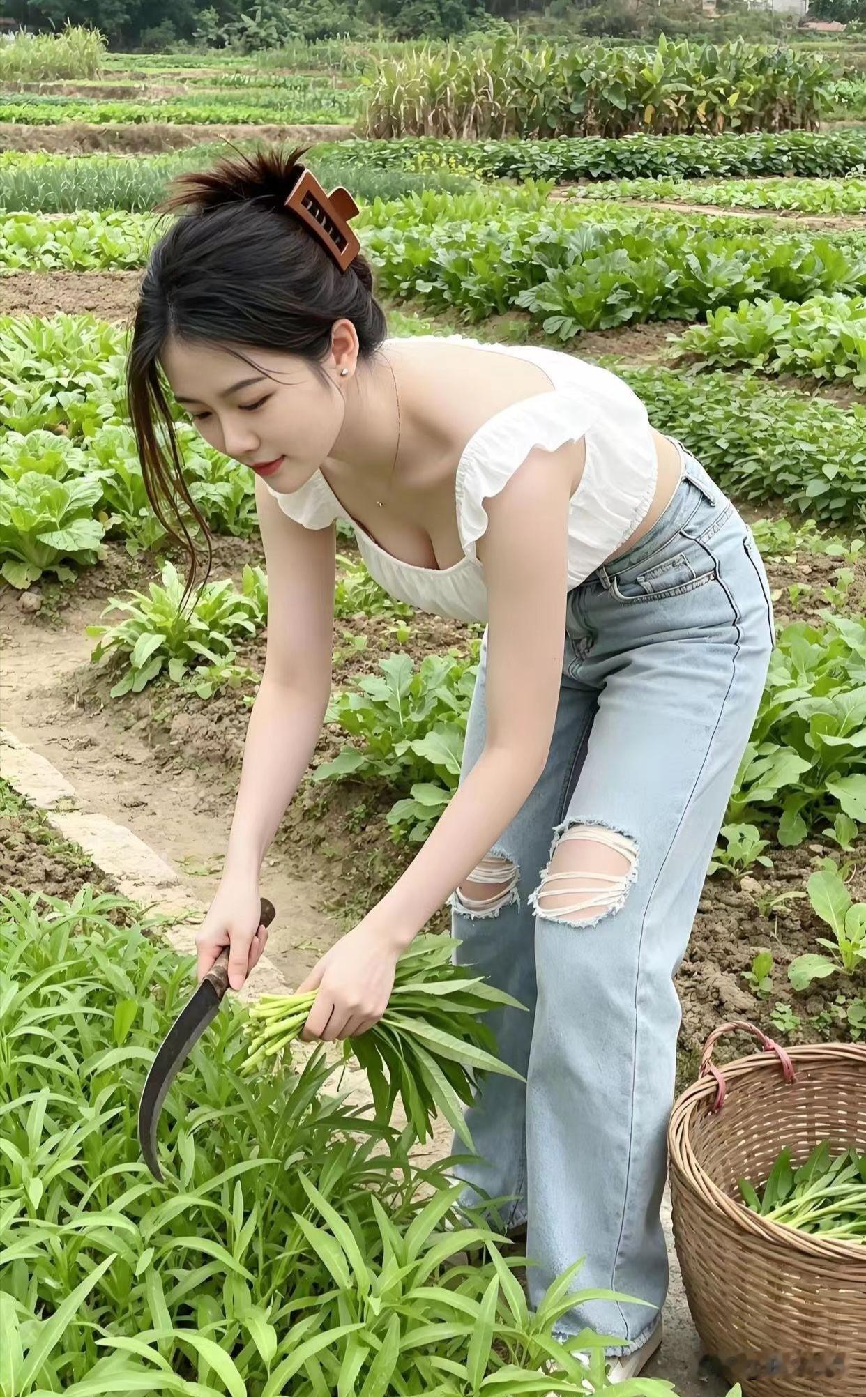夏日的风情，菜园里的烟火气，有美女的身影，有丰收的喜悦，这样的风情太让人向往了。