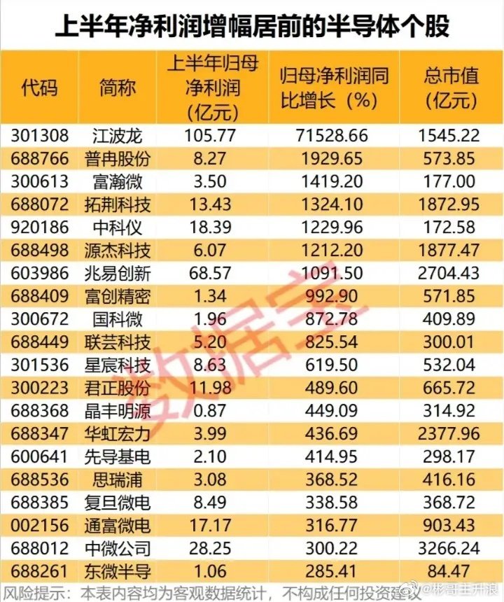 上半年净利润增幅居前的半导体股票​
