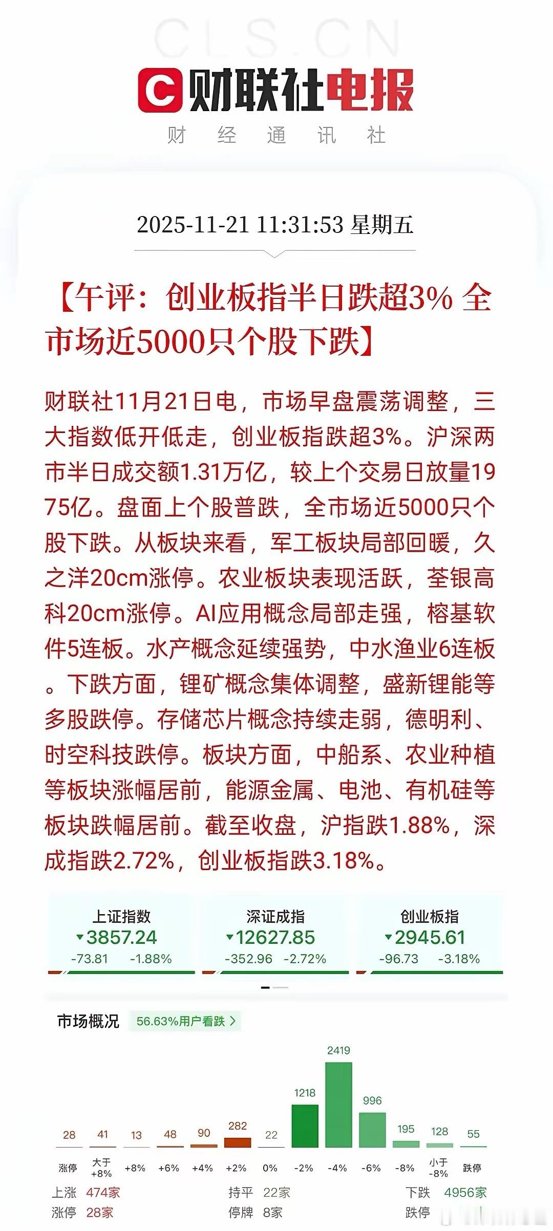隔夜美股由红转绿，A股今日同步承压调整。上证指数跌1.88%，深证成指跌2.7%