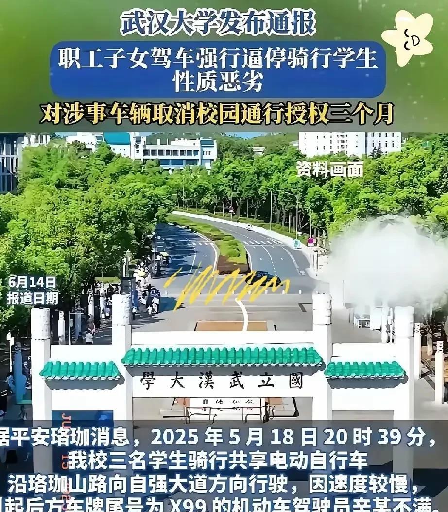 武汉大学校领导的公子胡作非为，因嫌骑自行车的学生挡住了自己的路，直接在校园内
