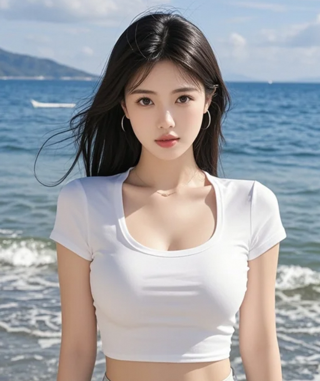 她站在浪花里，像从童话中走出的女孩