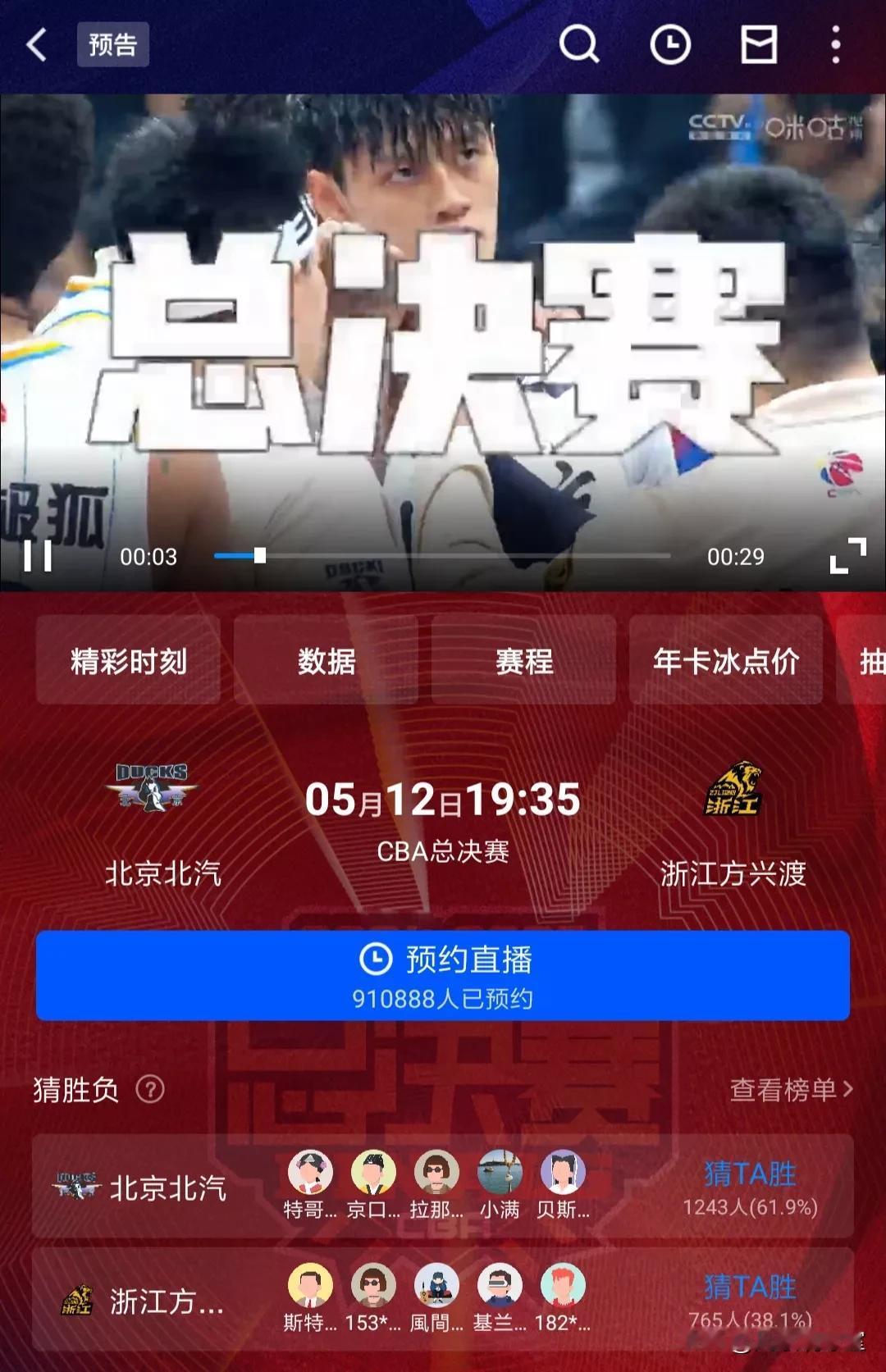 不输辽粤！北京与广厦总决赛G3咪咕直播预约人数已超90万，预测明天能破100万。
