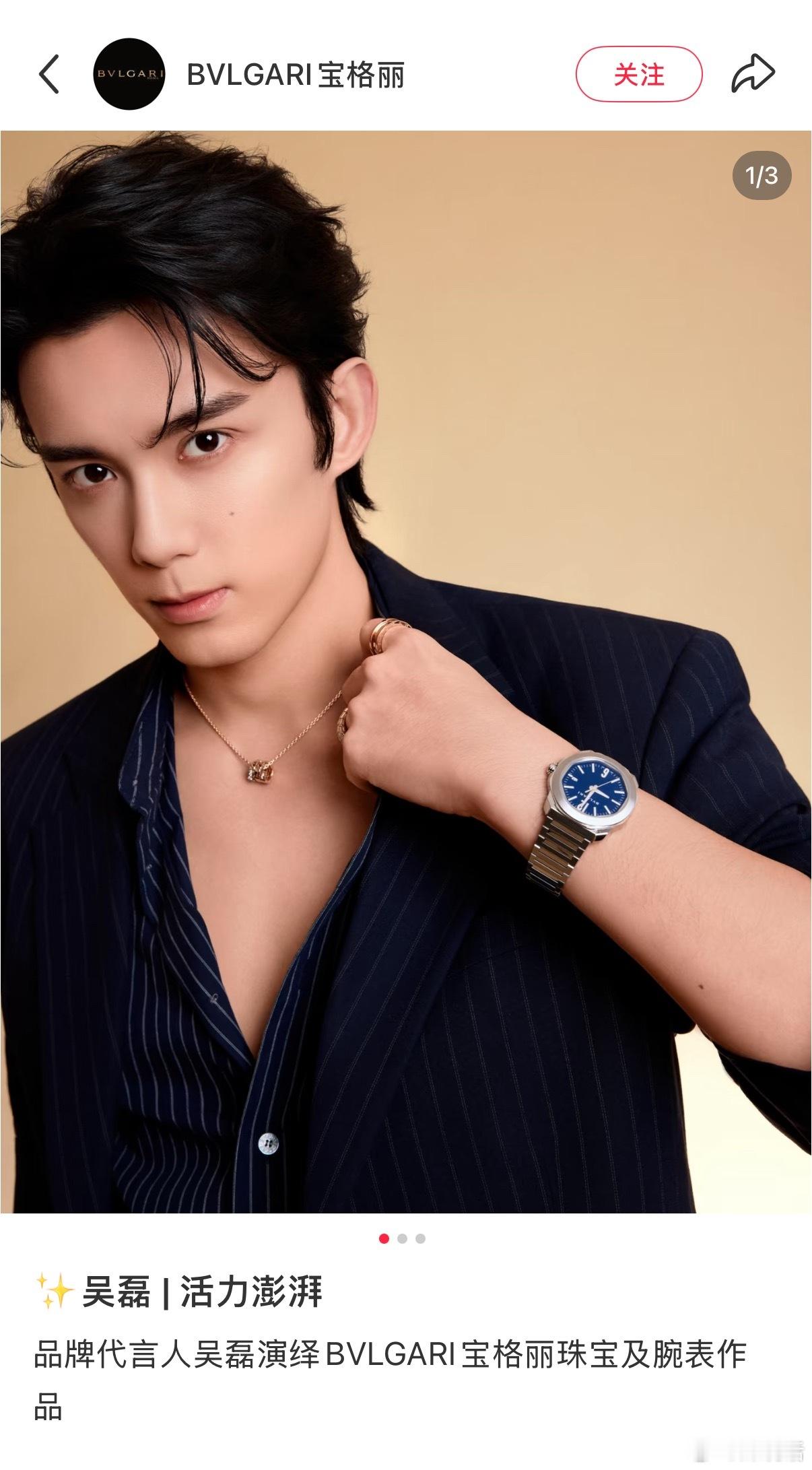 宝格丽中国社媒帮吴磊正名了：虽然总裁ins没带大名，但三石弟弟依然是代言人