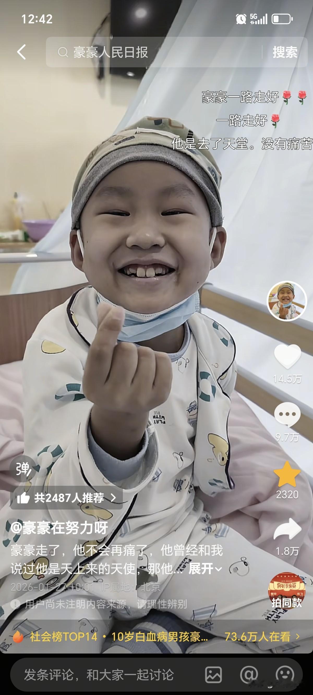 10岁的豪豪终究还是没坚持到过年[哭哭]，在1月27号因白血病离开了这个世界，不