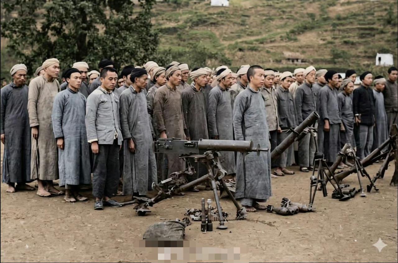1950年10月25日，川黔湘鄂边区土匪武装向解放军缴械投降。照片中60余名