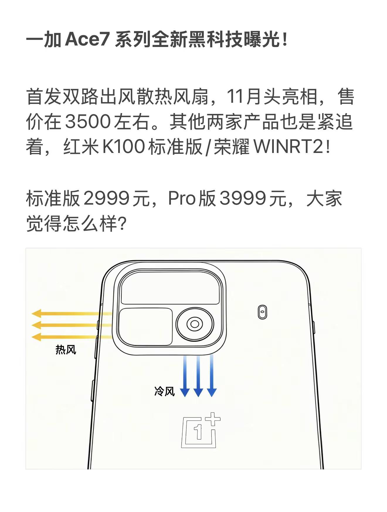 一加Ace7系列全新黑科技曝光！首发双路出风散热风扇，11月头亮相，售价在3500左右。其他两家产品