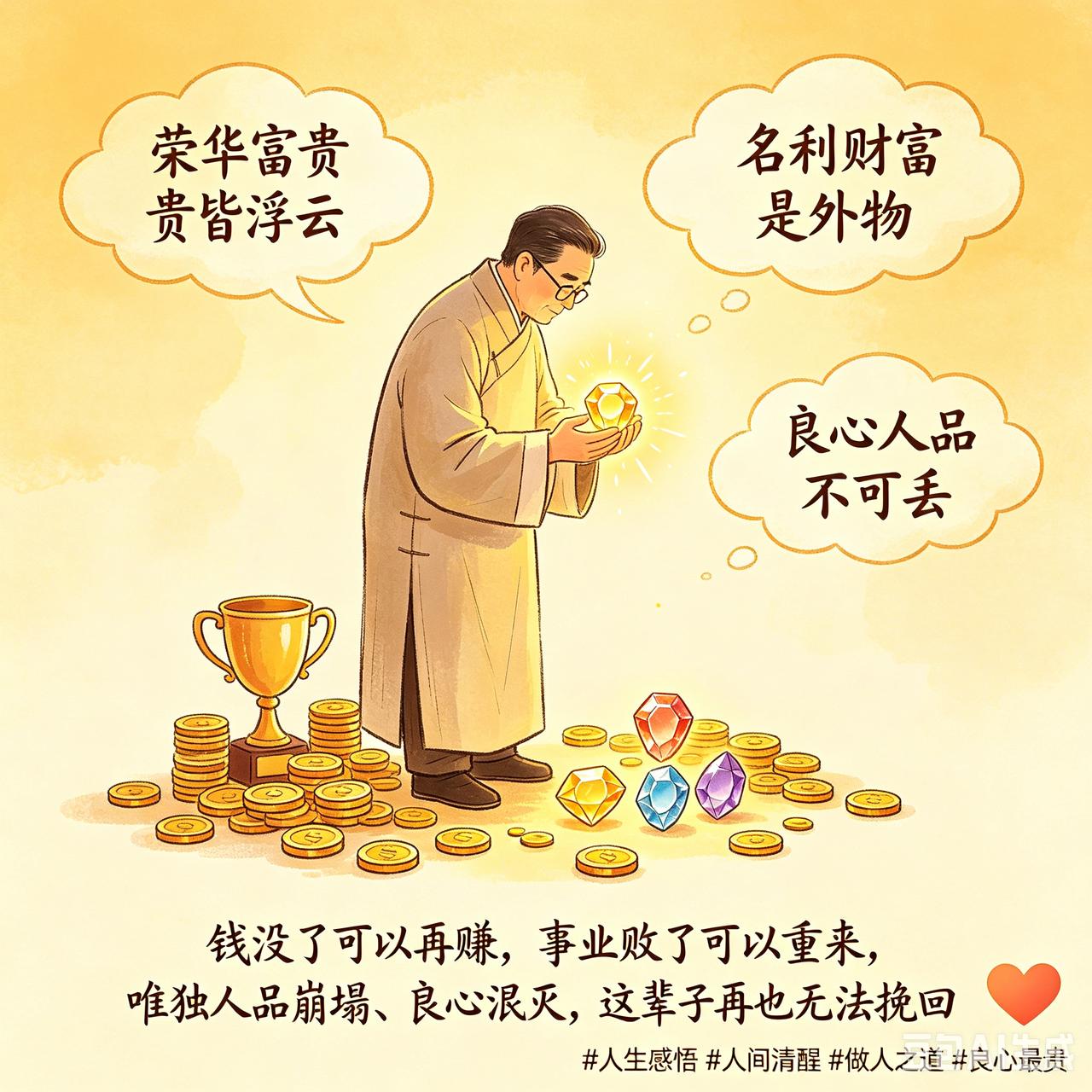 人这一生，荣华富贵都是浮云，名利财富皆是外物。一个人一旦弄丢了良心、丢掉了
