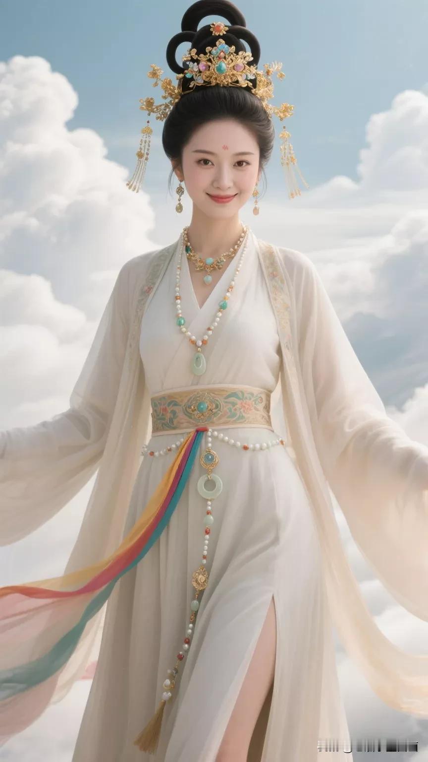 仙气飘飘的古风美人，云中漫步，宛如天仙下凡张立启原创书画AI作品古仕女发髻服饰集