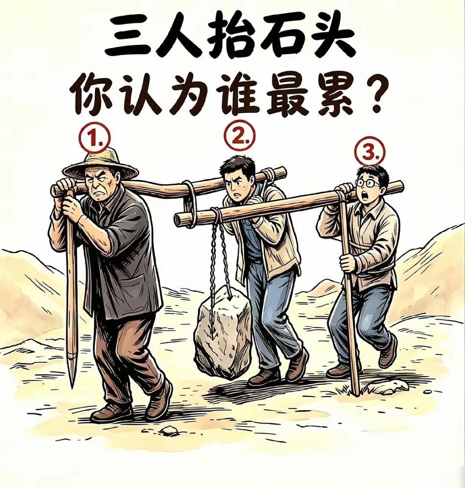 三人抬石头，你认为谁最累？我年轻时在工地干过几年，这种事真遇上过。看着最吃力