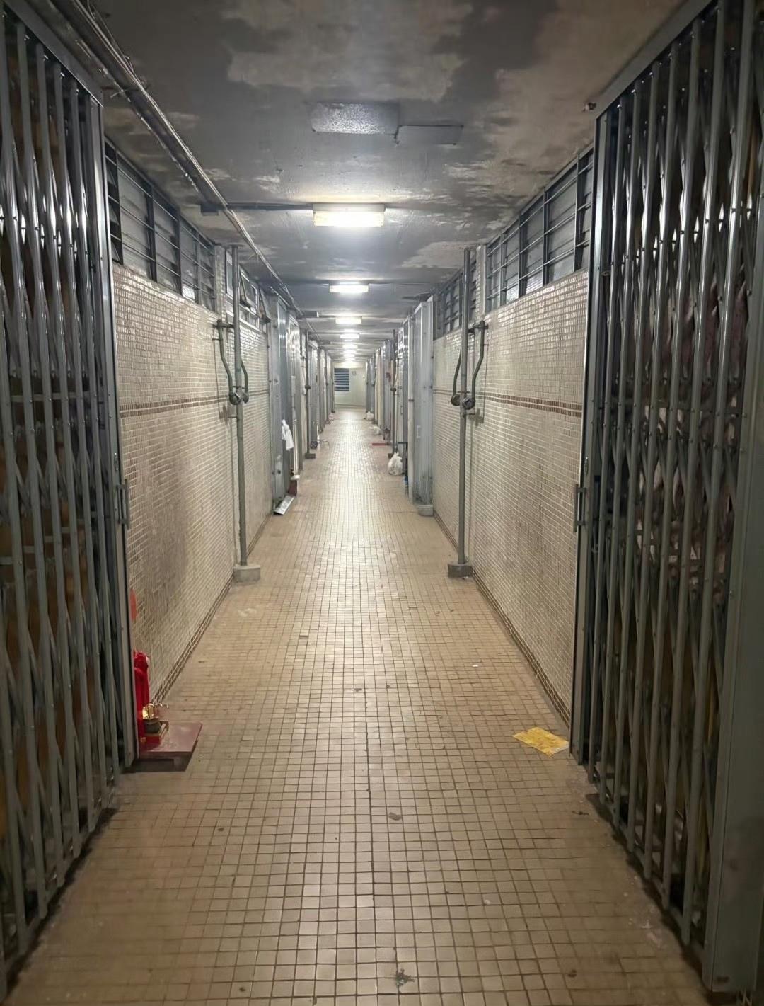 香港公共租住房屋（公屋）新旧狭长走廊的对比；左侧的照片呈现了一条较为老旧的走廊