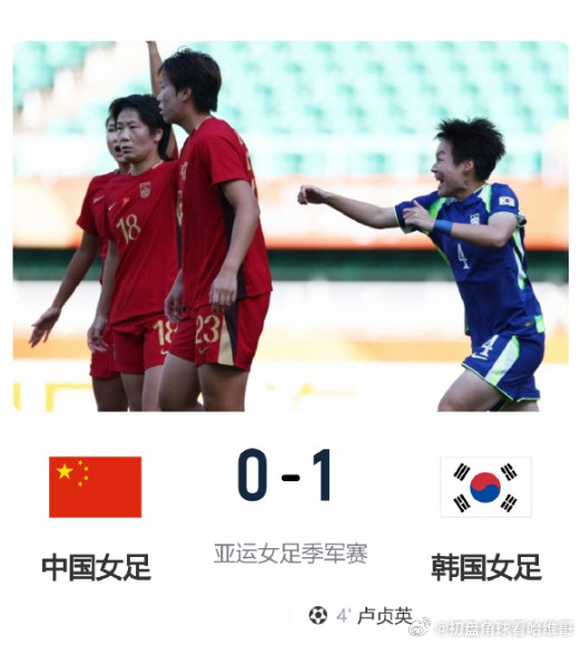 中国女足0比1韩国女足亚运女足三四名铜牌赛，中国女足0比1不敌韩国女足；中国女