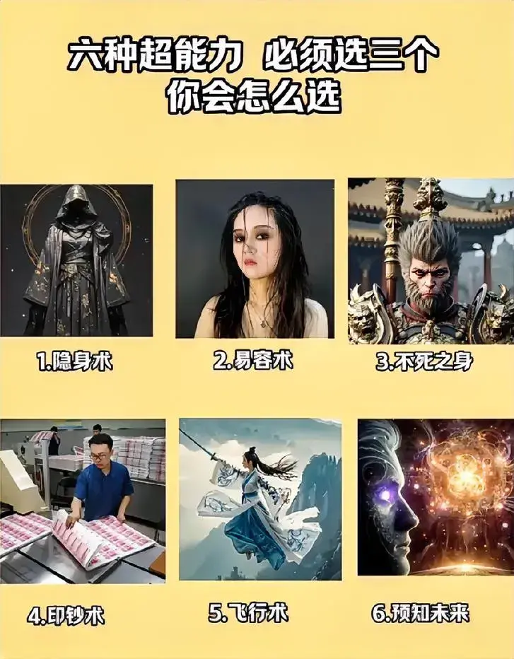 给你六项超能力，必须选三项，你怎么选？