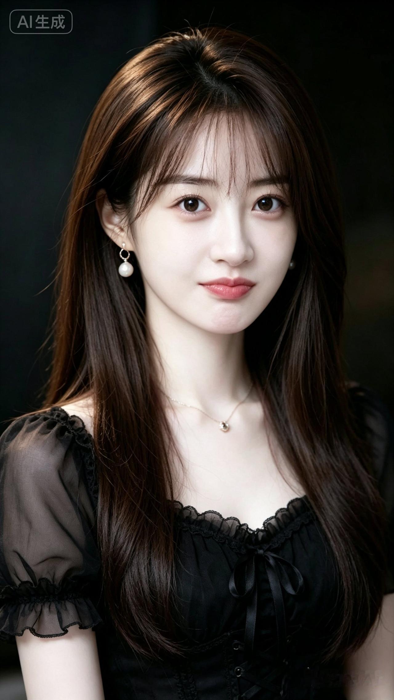 温柔甜美的少女，黑纱裙搭配珍珠耳环，尽显优雅气质。