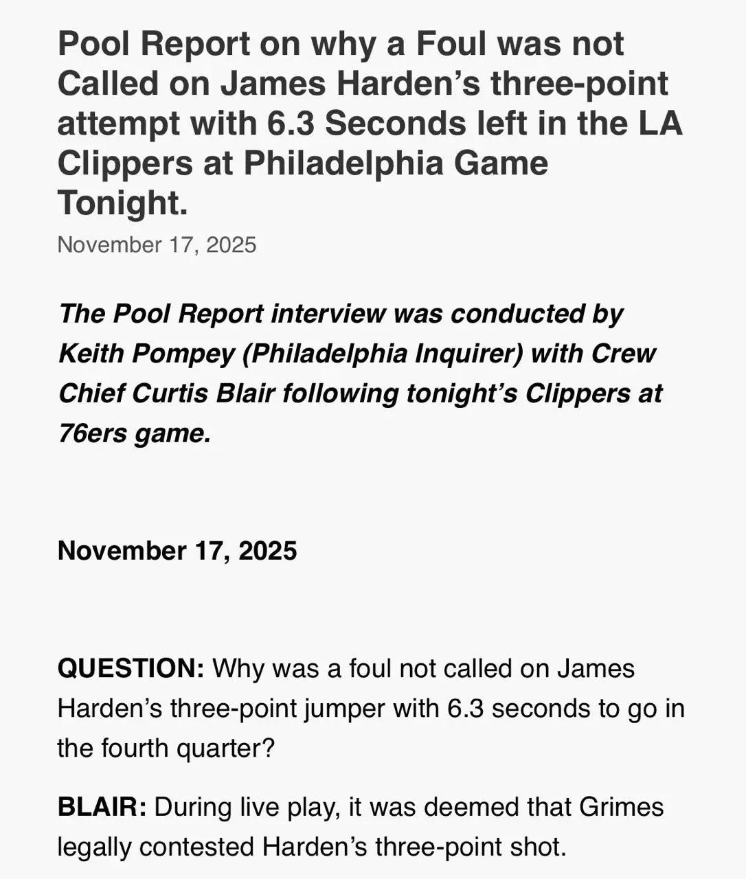 NBA官方赛后发布格莱姆斯对哈登的防守动作的判定，认定前者为合法干扰。问题：第四