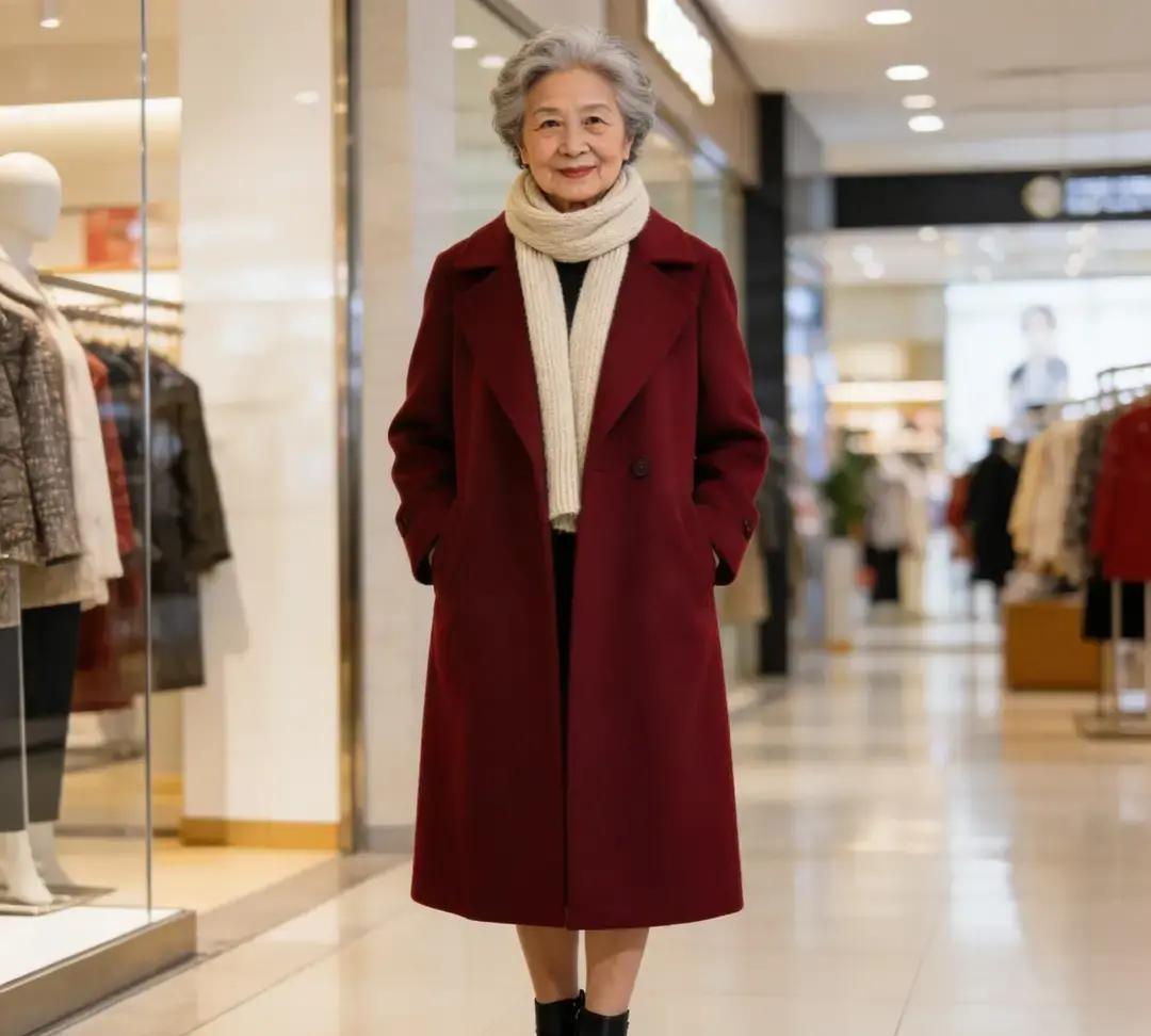 闺女给七旬老妈买了件枣红呢子大衣，配米色围巾黑短靴，老爸直夸精神。老太太穿去合