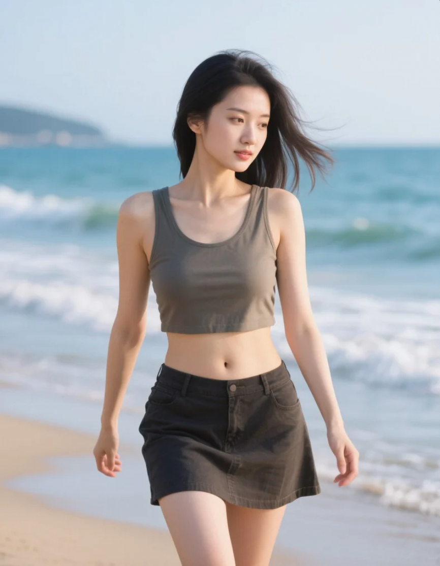 海边漫步的亚洲美女，露肚脐短背心展现夏日风情
