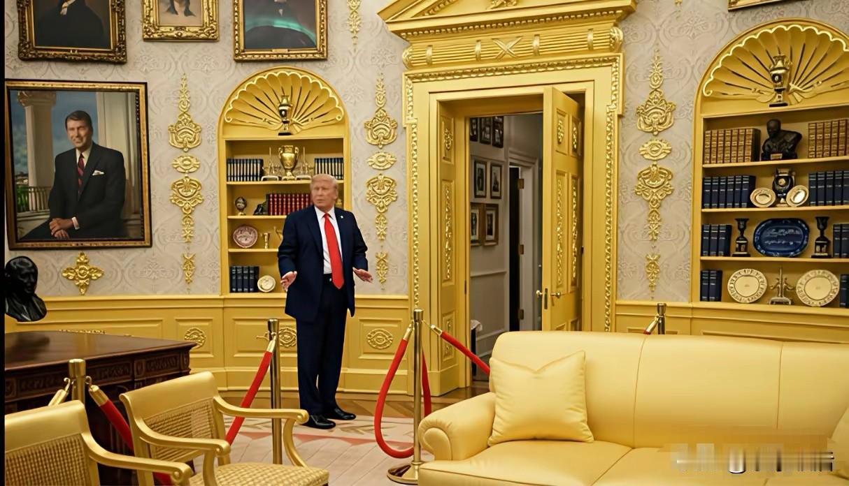 从白宫办公室的装修风格上，全世界都知道了特朗普的喜好：金光闪闪、金碧辉煌的东西，