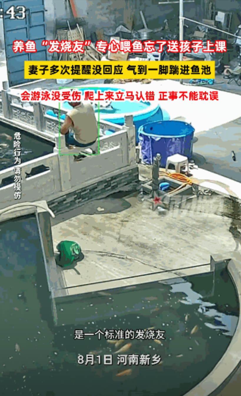 “这下后悔了吧！”8月1日，河南新乡，一男子坐在池塘边喂鱼，妻子突然喊他送小孩上
