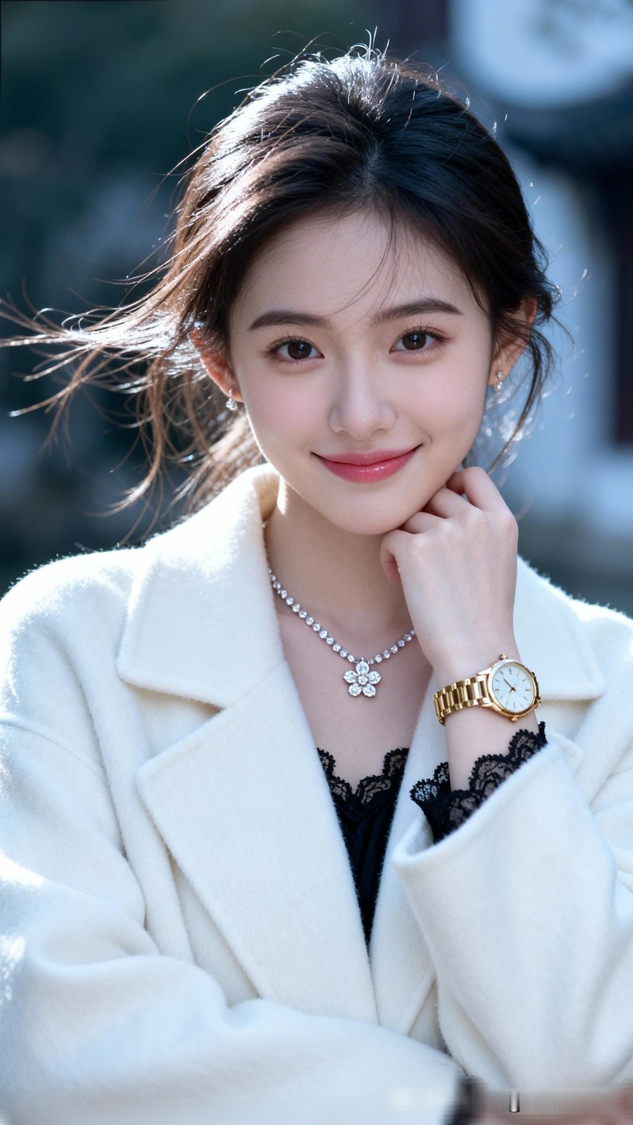 温柔甜美的冬日穿搭，白色外套+珍珠项链，少女心满满！🌟💖你心目中哪位女明星是