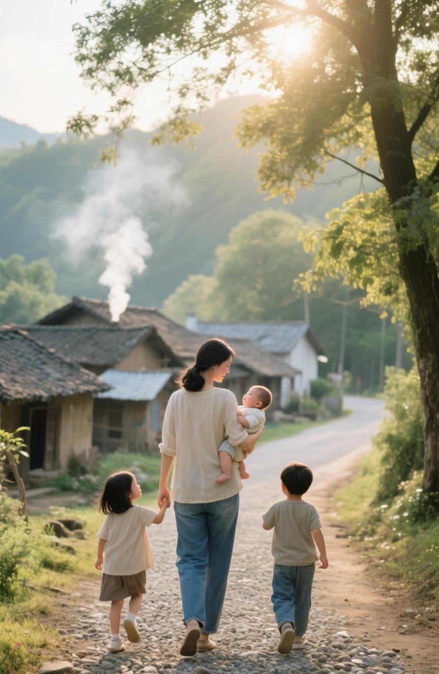她抱着刚满月的儿子，旁边6岁的女儿牵着3岁的儿子站在她旁边，他说：明早就去离婚，