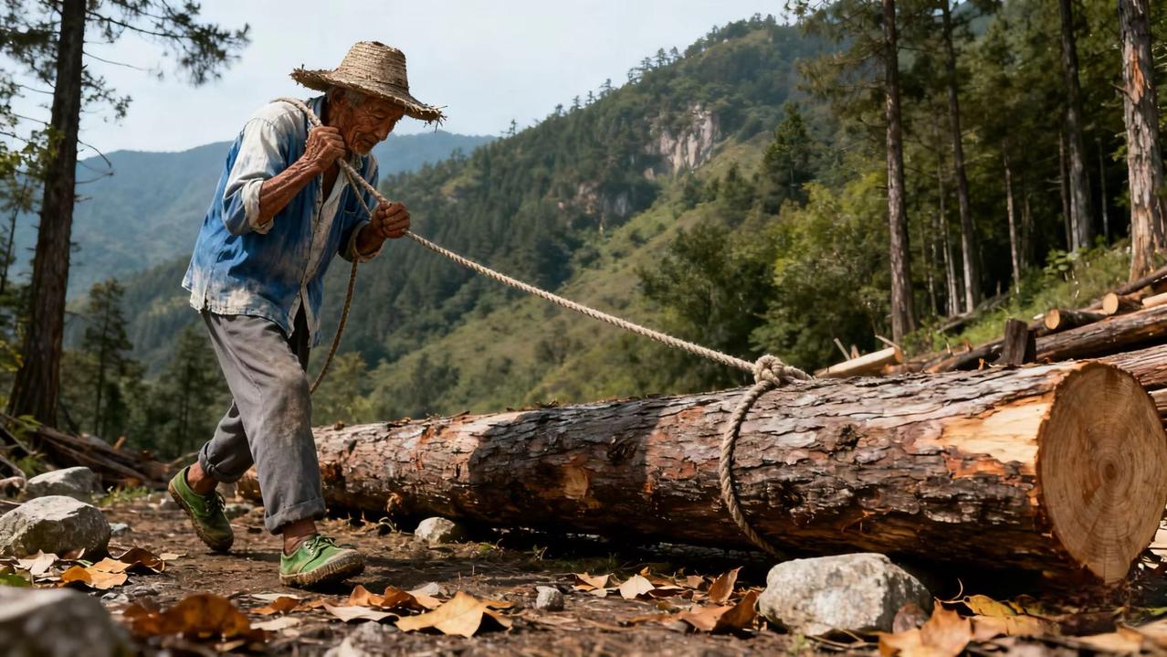 一天吃一顿饭，一顿一碗稀米汤，吃完干一天伐木工：拉大锯齿刀砍倒树，拉锯齿刀截断，