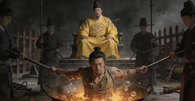 野史：1402年，37岁的兵部尚书铁铉被朱棣投入滚油之中，太监们持铁棒试图翻转他