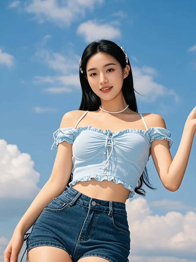 天空蓝得像我的眼影盘，但眼睛比不过我的颜值