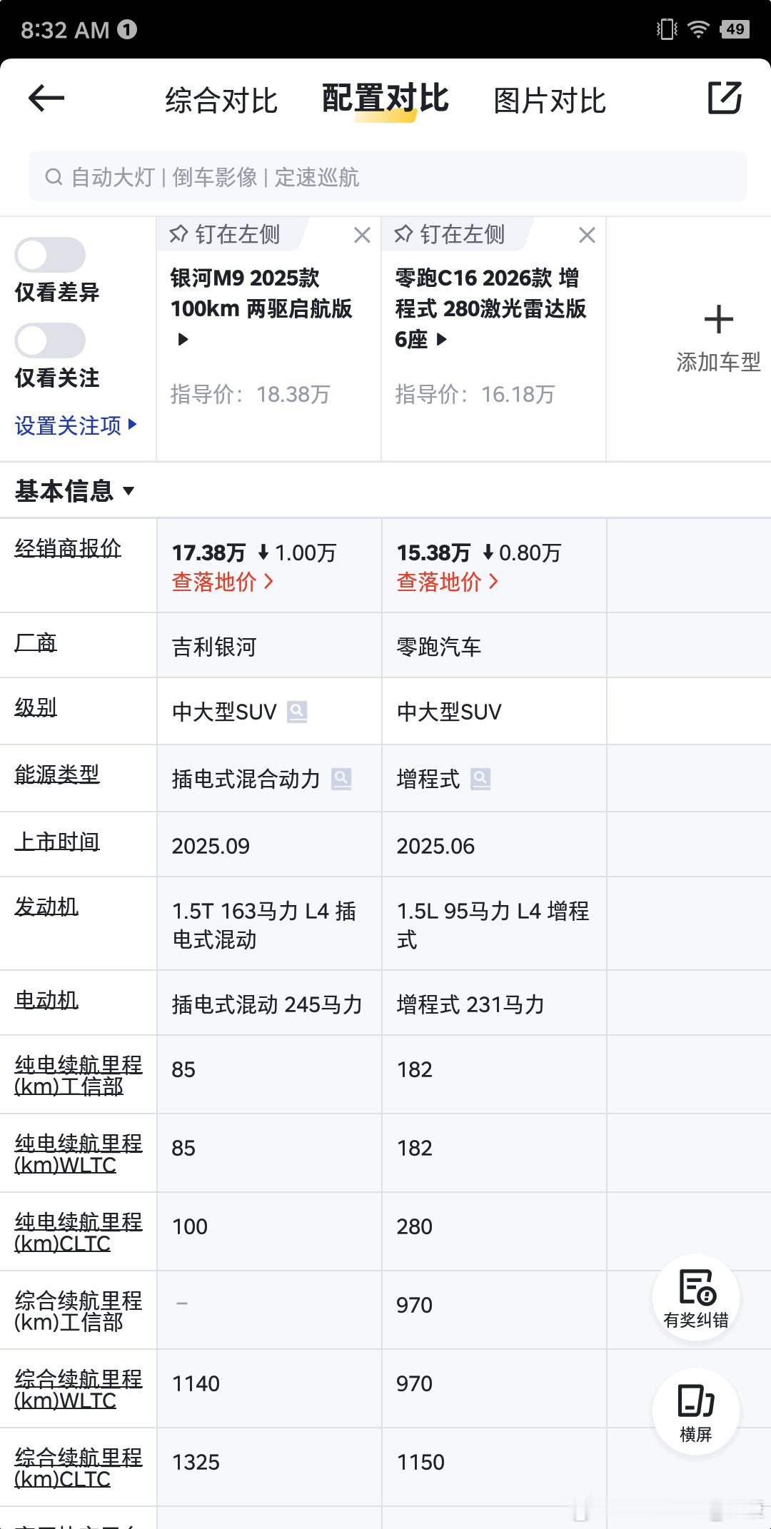 最近在看两款大6座SUV车子，银河M9和零跑C16一个强劲，一个纯点续航更长，各