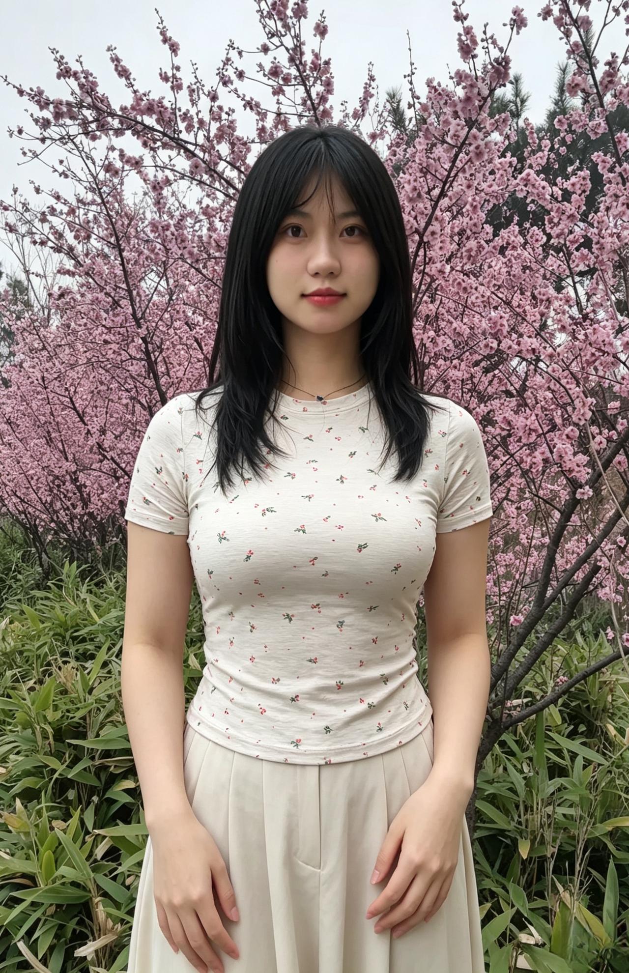 粉樱千树映芳颜，黑发垂肩意自闲。笑靥轻含春十里，风华绝色在花间。