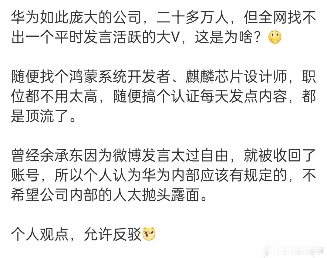华为二十多万员工，鸿蒙、麒麟的工程师人才济济，怎么很少看到内部人出来做网红大V？