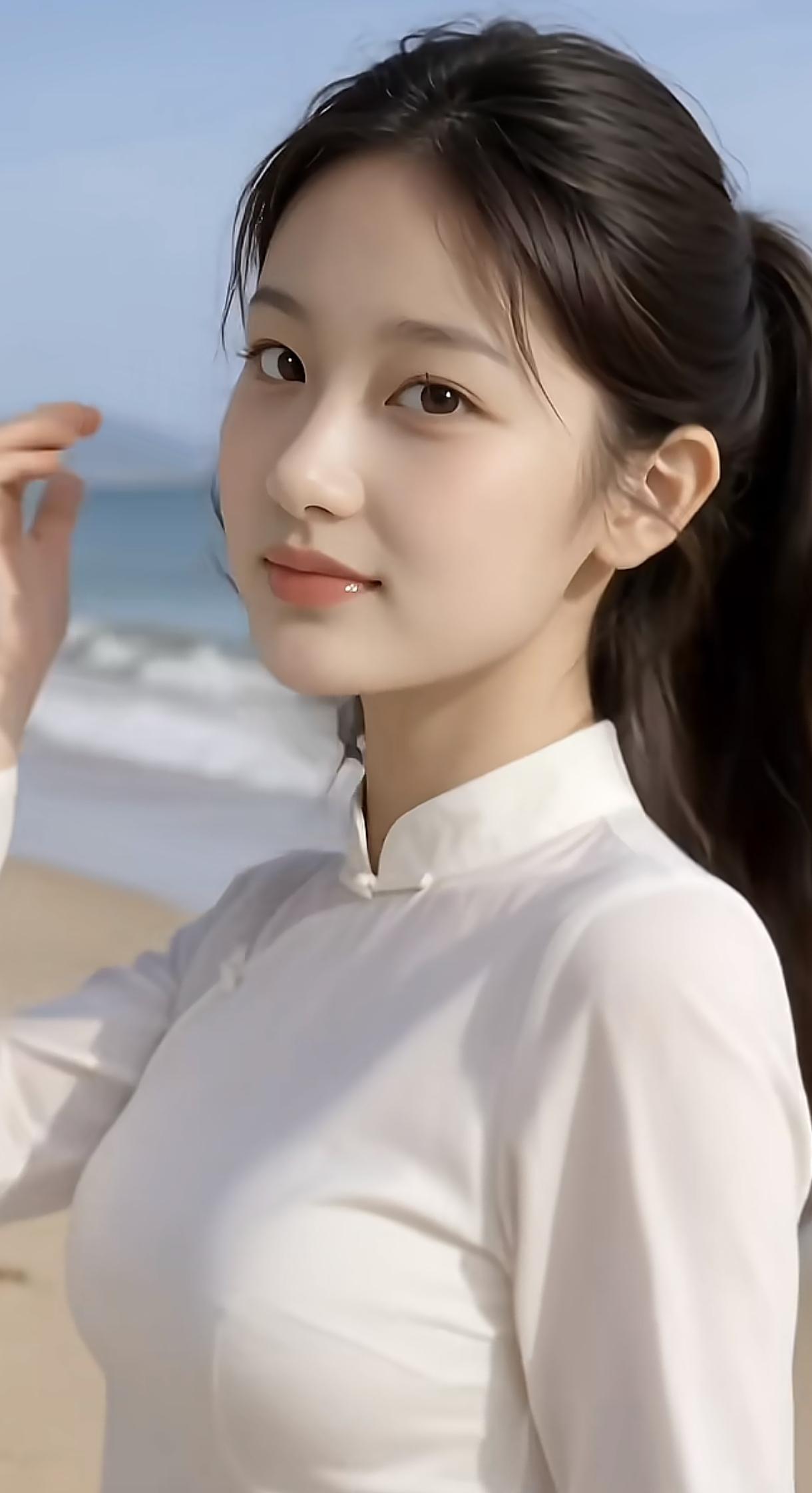 海边漫步，阳光明媚，白衣飘飘，青春洋溢少女风写真照海边元气少女沙滩白裙少女
