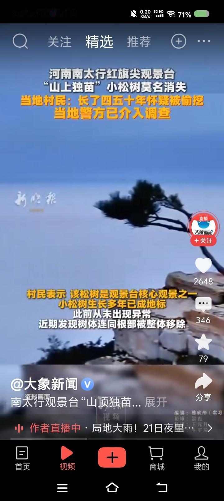 手欠还是坏？——据报道，某景点顶端一棵松树消失了，疑被盗挖。民众称，它长了四五