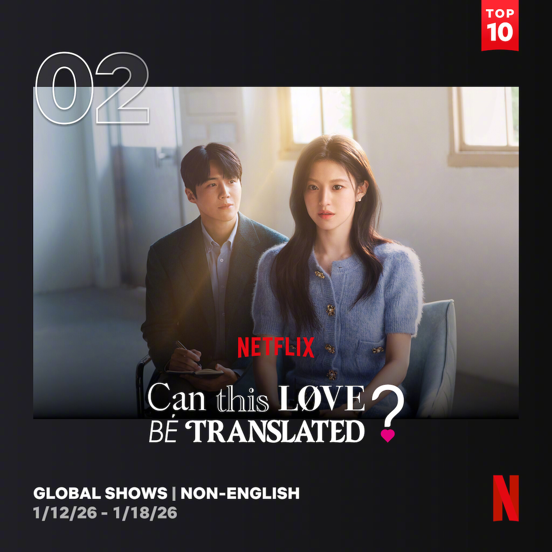 1/12～1/18Netflix非英语区电视播放量Top10入榜韩剧2爱情怎么