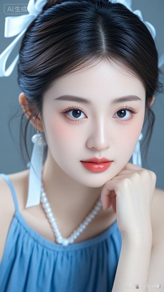 温柔蓝裙少女，花间轻嗅，自然之美